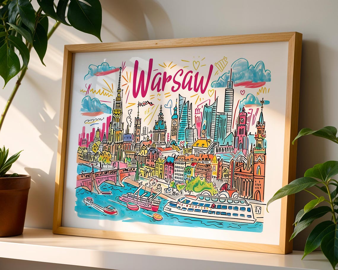 Warsaw Poland Colorful Doodle Cityscape Lively Riverfront Poster