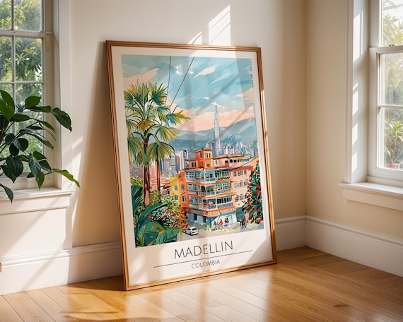 Medellin Colombia Watercolor Cityscape Cable Car Mountain View Poster