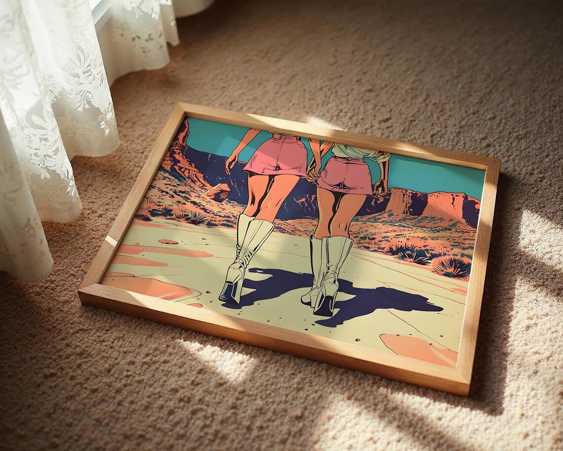 Retro Cowgirl Duo Holding Hands Desert Road Pop Art Poster Gift