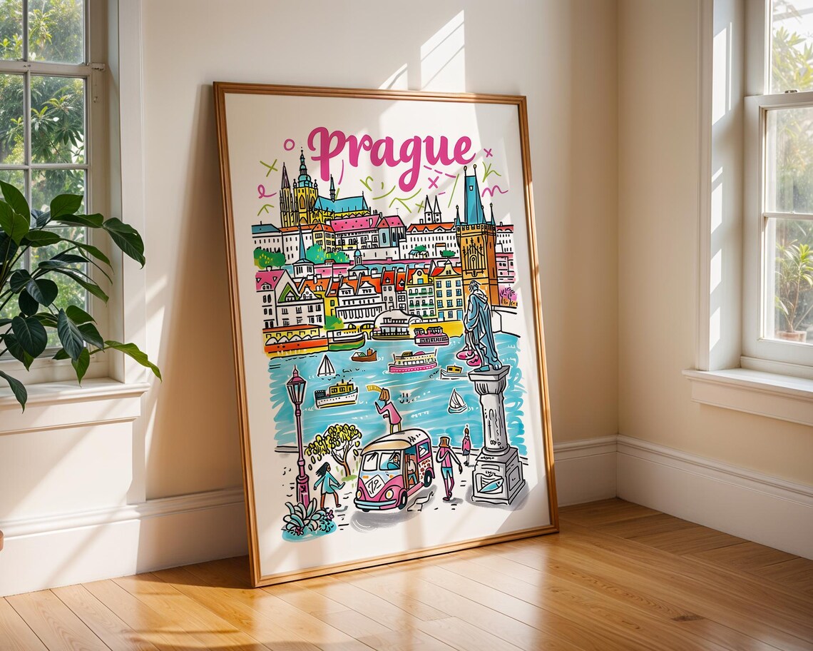 Prague Colourful Illustrated City Skyline Charles Bridge Travel Poster