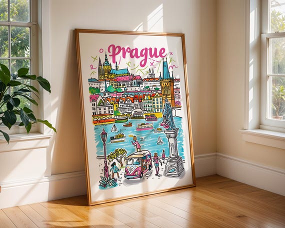 Prague Czech Republic Wall Art Print Colourful Travel Poster Of City Illustration For Home Decor European