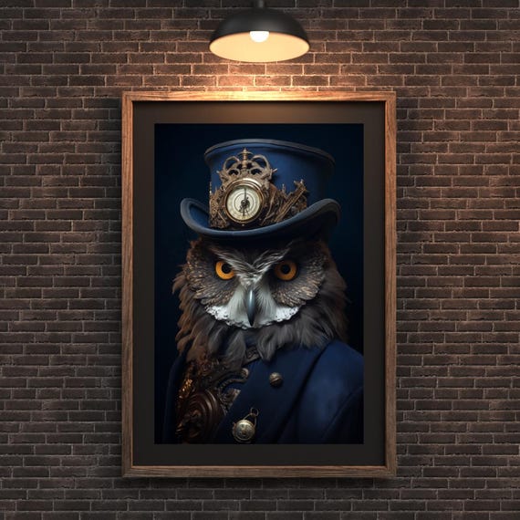 Steampunk Owl Portrait In Top Hat With Compass Gothic Animal Art Victorian Clockwork Wall Decor