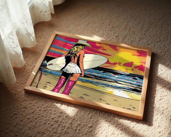 Retro Pop Art Surfer Girl Print Cowgirl Hat Pink Boots At Sunset Beach With Surfboard Bold Summer Coastal Wall For Lovers
