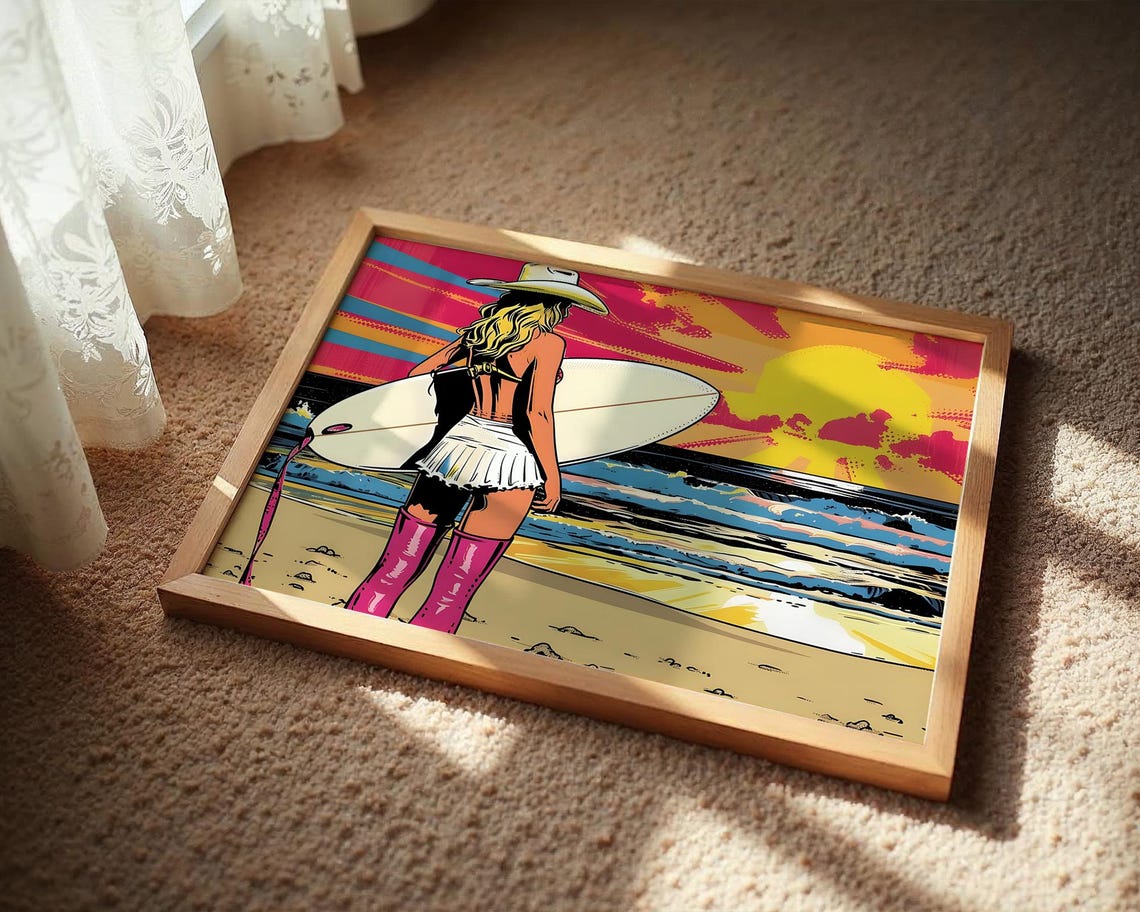 Retro Surfer Girl At Sunset Beach Pop Art Poster In Pink Boots