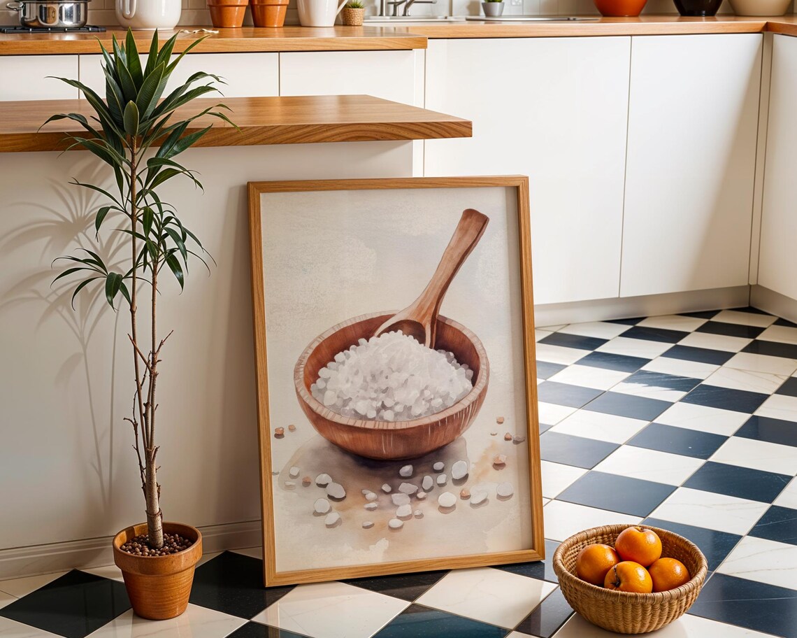 Sea Salt in Wooden Bowl Watercolor Kitchen Art Print Rustic Decor