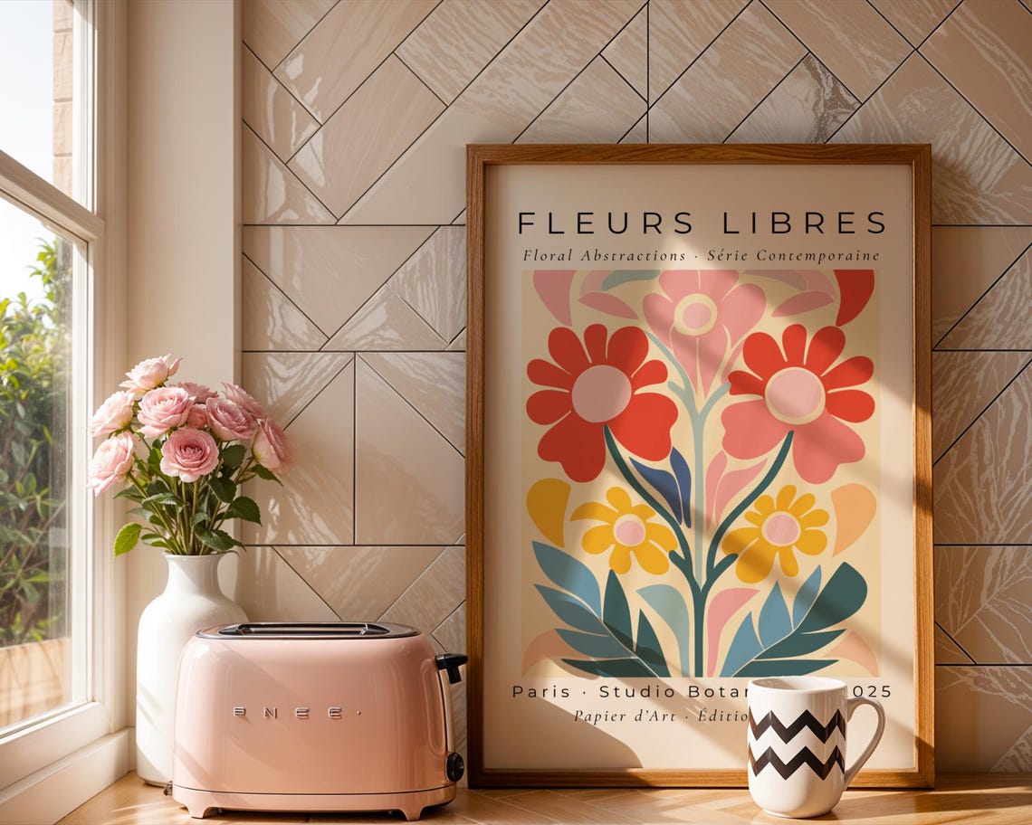 Fleurs Libres Paris Red Pink Yellow Bold Floral Abstract Art Poster