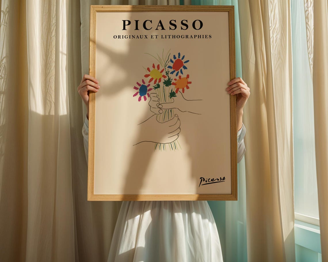 Picasso Style Flower Bouquet Line Drawing Exhibition Art Print