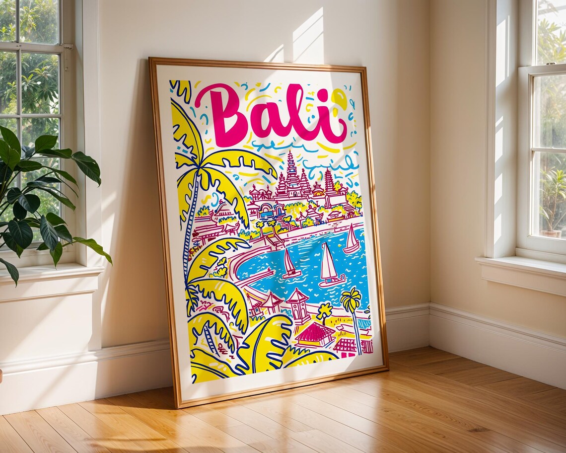 Bali Indonesia Handdrawn Colourful Tropical Temple Beach Poster