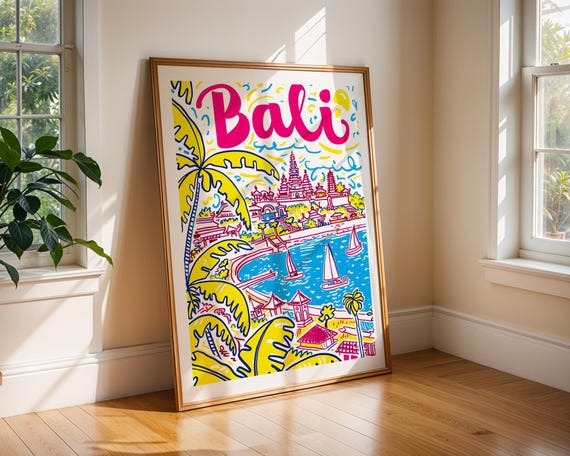Bali Indonesia Wall Art Print Colourful Tropical Travel Poster Beach Island Decor For Home Landscape Illustration