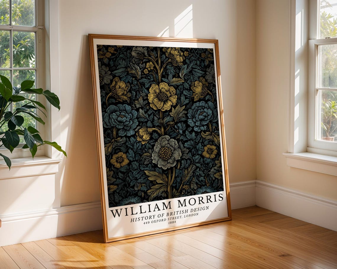 William Morris Dark Floral Blue Gold Botanical Heritage Poster