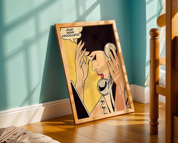 Vintage Comic Style Woman With Phone Pop Art Wall Print In Pink Blue Yellow Fun Retro Illustration For Modern Culture Decor