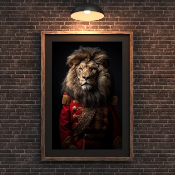 Lion In Red Regal Coat Victorian Military Animal Art Print Majestic Portrait Statement Safari Wall Decor