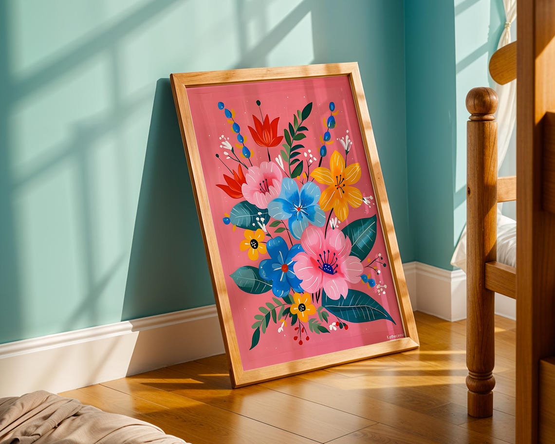Colorful Floral Bouquet Poster On Pink Background Vivid Modern