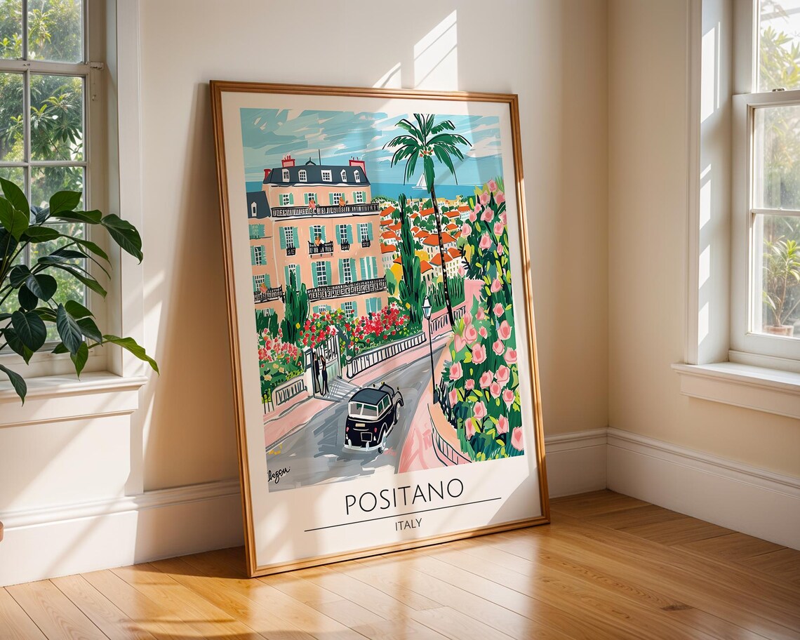 Positano Italy Amalfi Coast Floral Street Scene Travel Poster