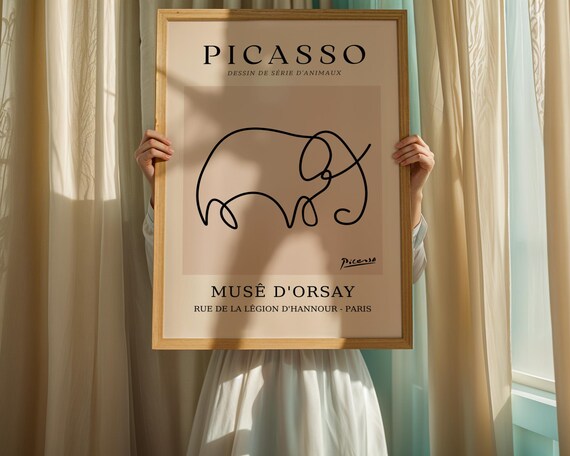 Picassoinspired Elephant Line Art Print Minimalist Animal Poster With French Museum Text Modern Surrealist Wall Decor Home