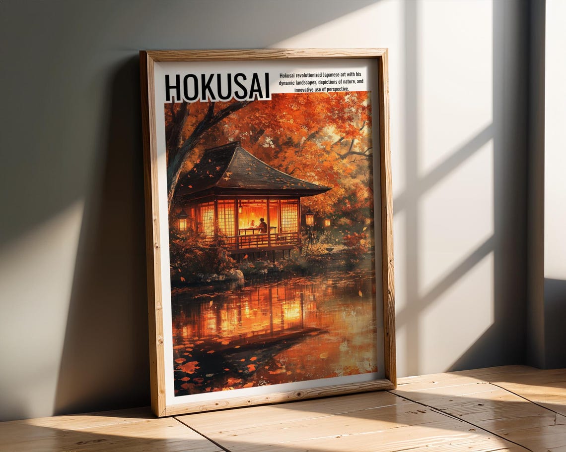 Japanese Tea House Glowing Lanterns Autumn Pond Garden Poster