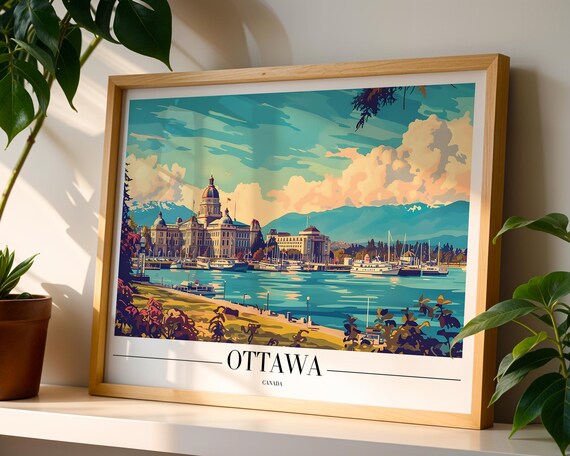 Ottawa Canada Domed Building Harbor Boats Retro Travel Poster