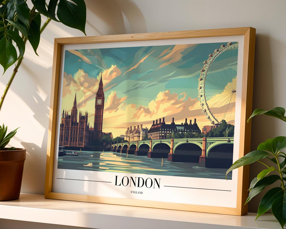 London Big Ben London Eye Thames Sunset Vintage Travel Poster