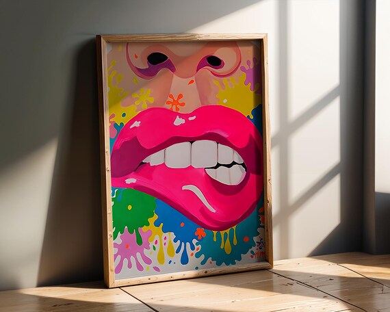 Neon Pop Art Lips Wall Print Colourful Retro Mouth Illustration Bold Graffiti Style Home Decor For Bedroom Living Room Or Bar