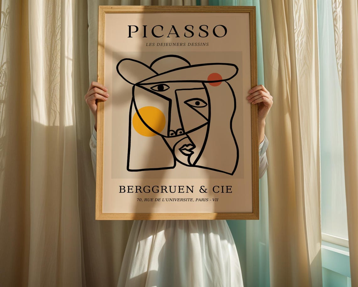 Picasso-Inspired Woman With Hat Bold Line Cubist Portrait Poster