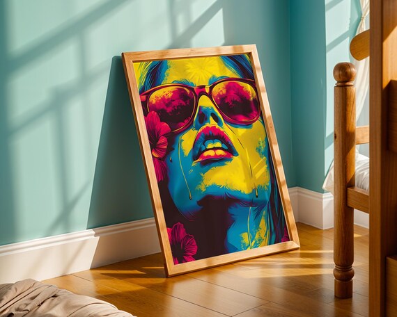 Vibrant Summer Woman Wall Art Neon Pop Portrait With Sunglasses Flowers Bold Retro Tropical Print For Modern Home Decor