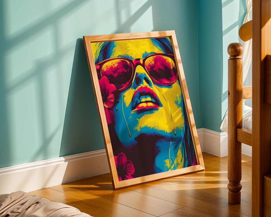 Neon Pop Art Woman With Sunglasses Vibrant Tropical Poster Hibiscus