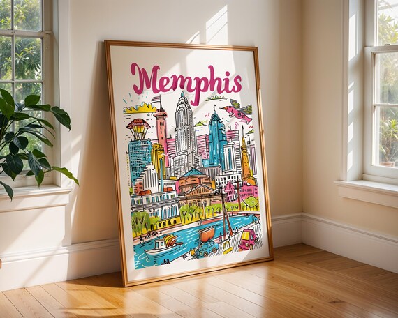Memphis Travel Poster Print Bold Tennessee City Wall Art Illustrated River Scene Home Decor Architecture Artwork