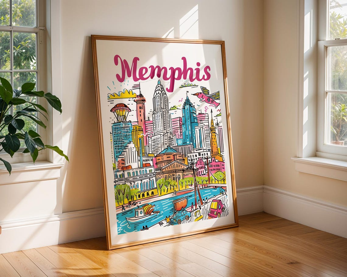 Memphis Riverfront Downtown Skyline Colorful Cartoon City Poster