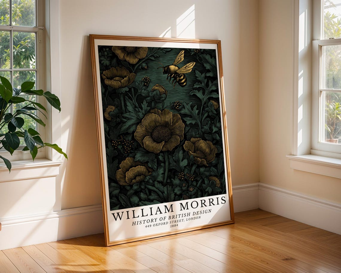 William Morris Style Bee in Flight Over Dark Golden Poppies Poster