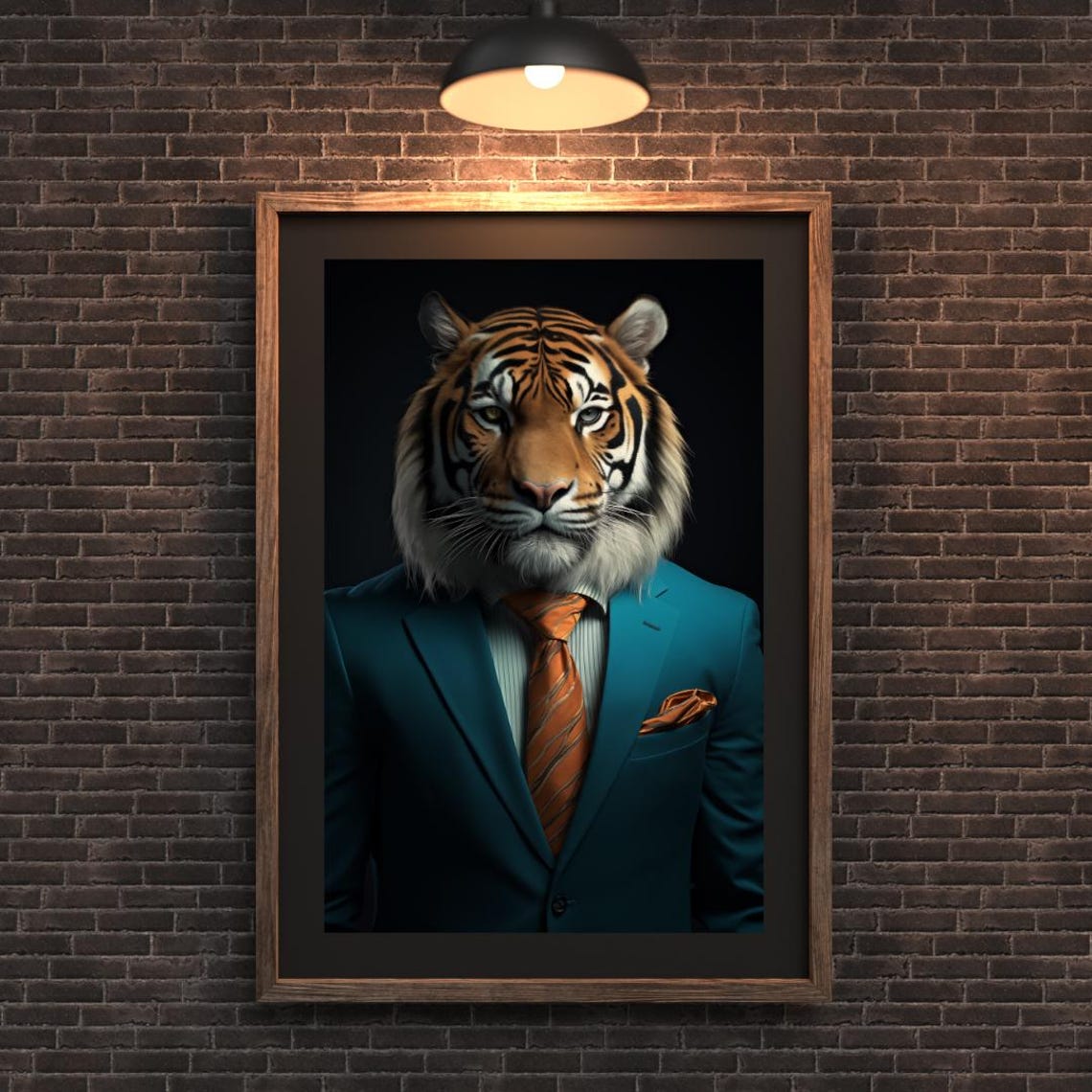 Dapper Tiger In Teal Suit And Orange Tie Whimsical Portrait Poster