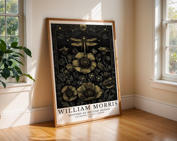 William Morris Golden Dragonfly Moonlit Dark Botanical Poster