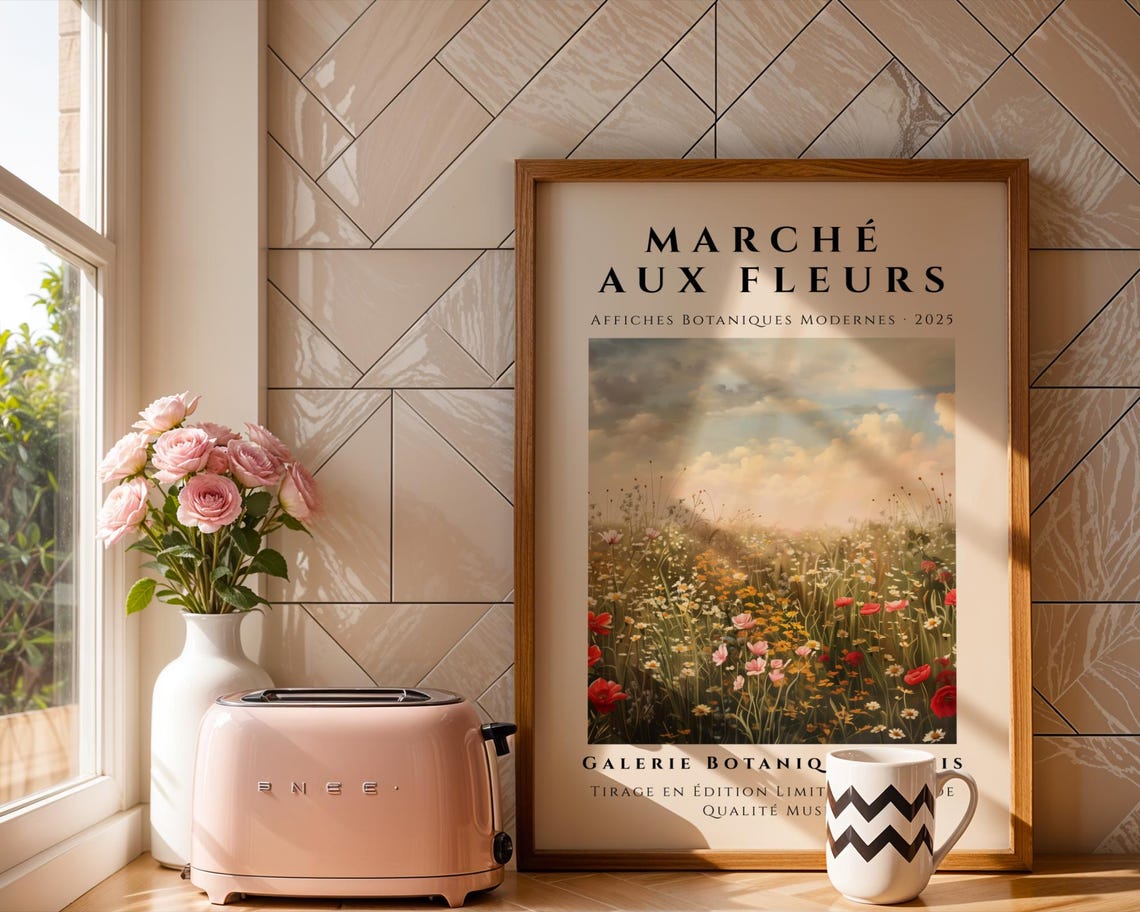 Marché Aux Fleurs Evening Meadow Poppy Field Botanical Art Poster