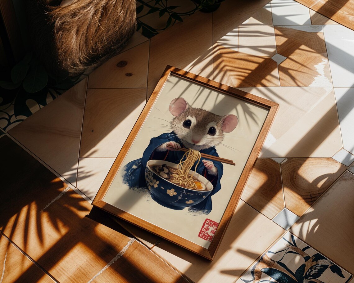 Cute Mouse Eating Ramen With Chopsticks Kawaii Japanese Foodie Poster