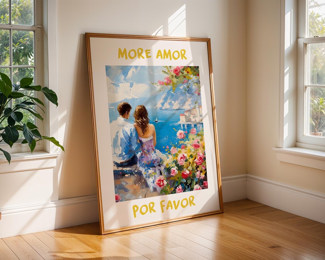 More Amor Por Favor Romantic Seaside Couple Poster With Roses
