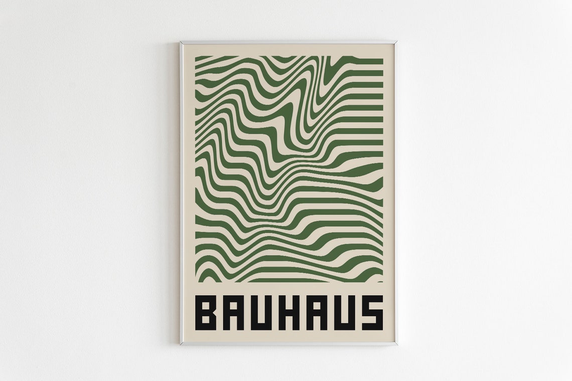 Bauhaus Green Wavy Lines Mid Century Modern Abstract Art Poster