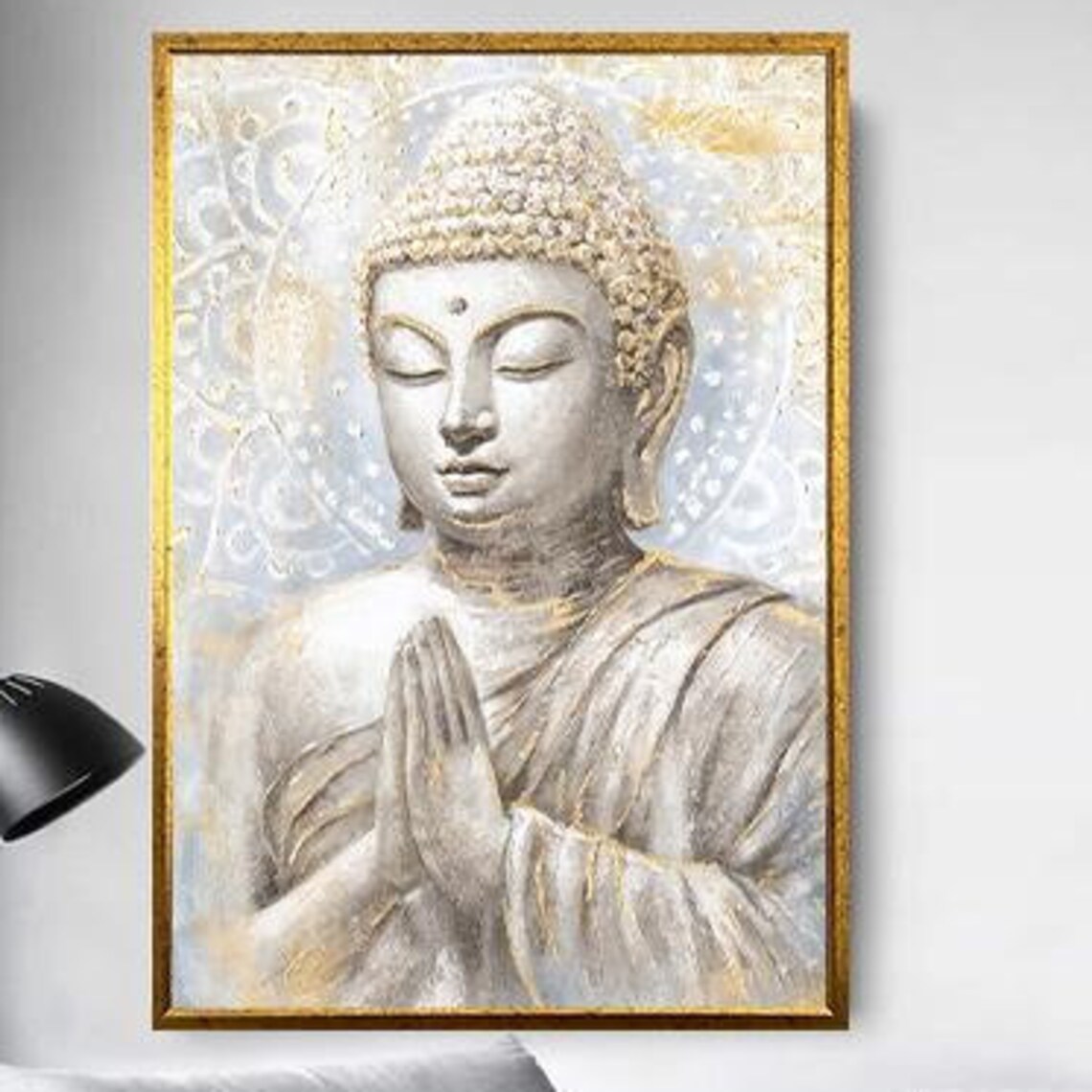Serene Praying Buddha in White and Gold Spiritual Art Poster - Image 5