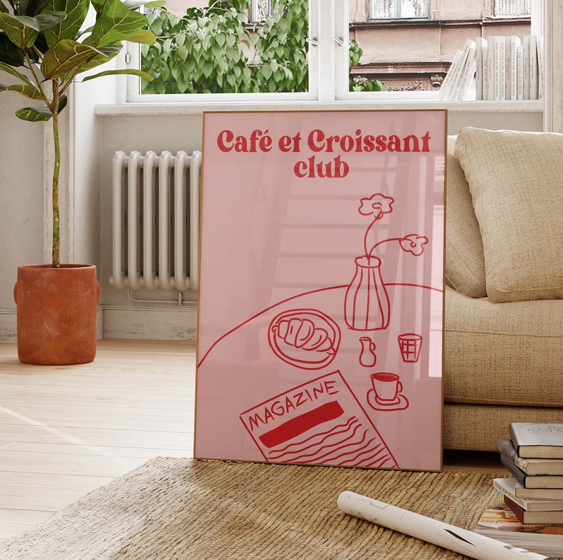Cafe et Croissant Club Retro Breakfast Pink Kitchen Art Poster - Image 3