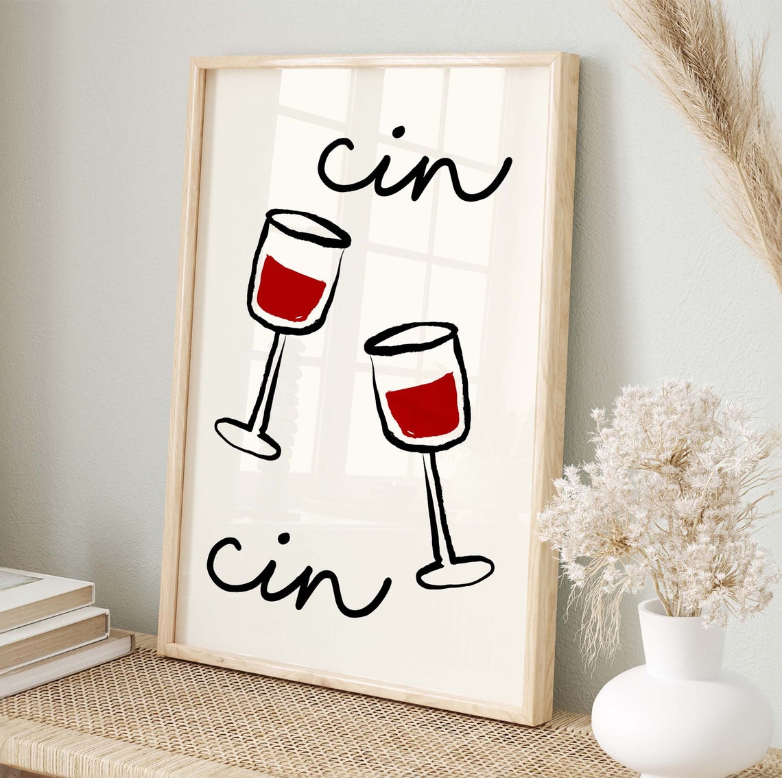 Cin Cin Wine Glasses Minimalist Red Black Line Art Bar Poster - Image 4