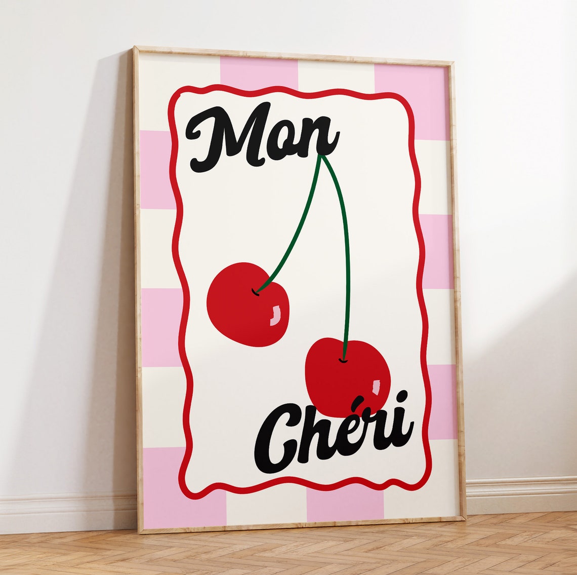 Mon Cheri French Sweet Cherry Pink Checkerboard Kitchen Poster - Image 2