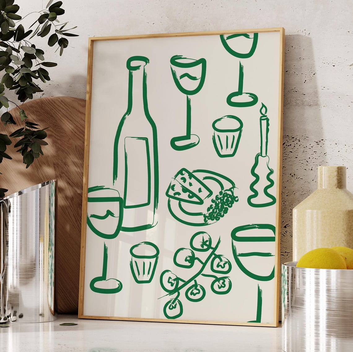 Modern Green Line Art Wine Bottle Glasses Cheese Kitchen Print - Image 4