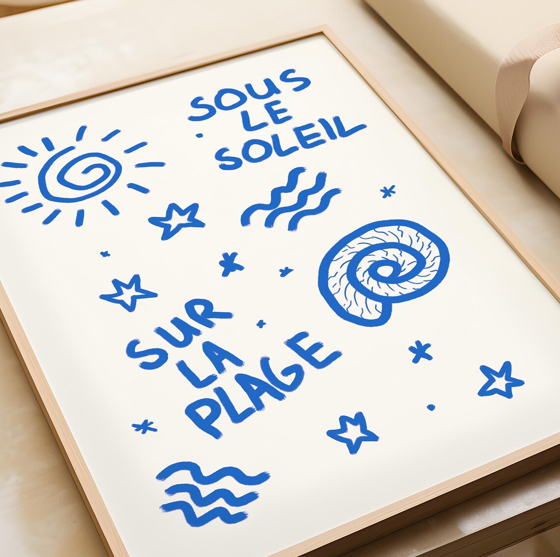 Sous Le Soleil Sur La Plage Blue French Summer Doodle Poster - Image 3