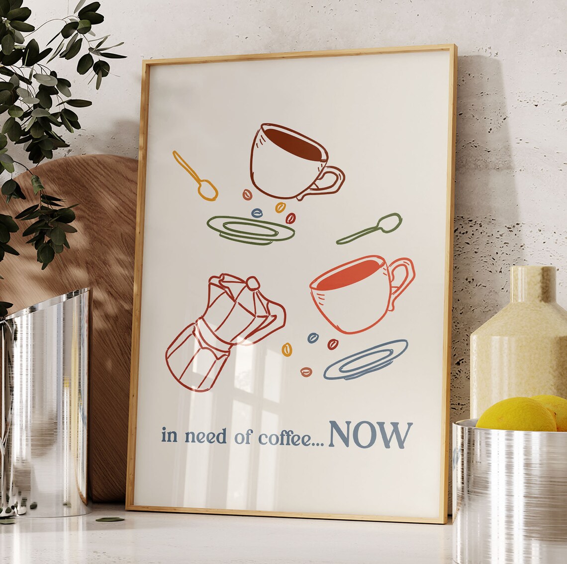 In Need of Coffee Now Moka Pot and Cups Retro Kitchen Poster - Image 4