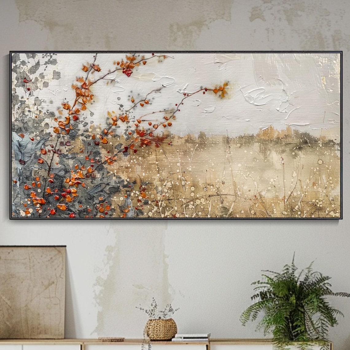 Autumn Berries Branches Orange Beige Landscape Painting Poster