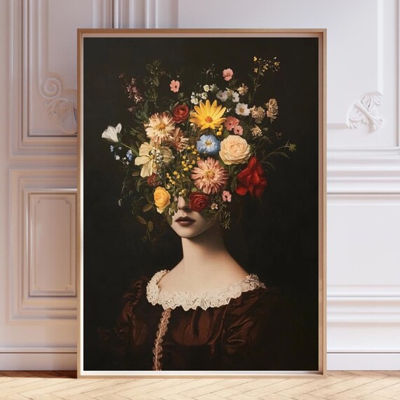 Renaissance Painting Flower Portrait Baroque Wall Art Dark Floral Print Gothic Classical Moody Victorian Vintage Decor