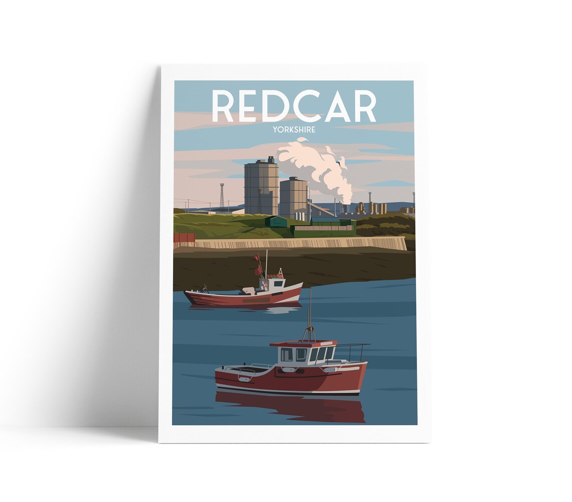 Redcar Yorkshire Fishing Boats Power Station Retro Travel Poster
