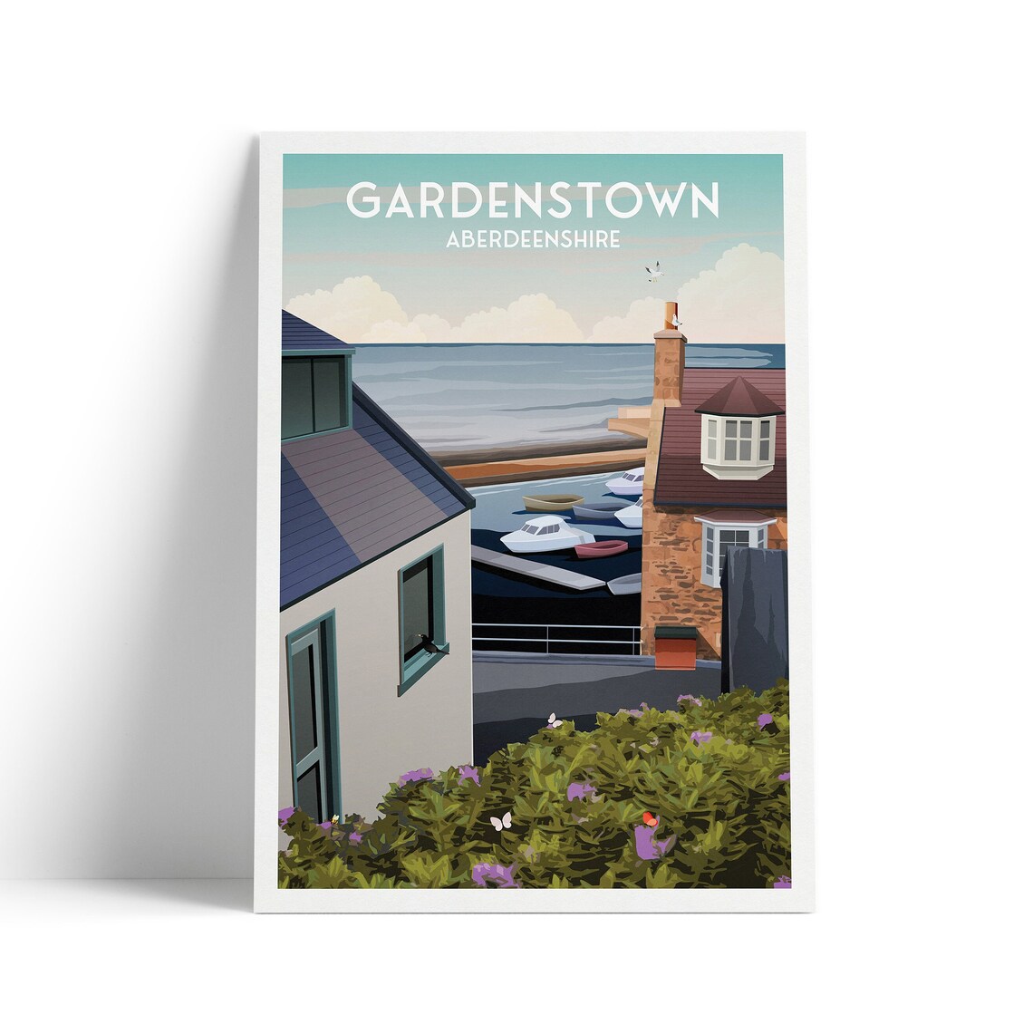 Gardenstown Aberdeenshire Travel Poster Harbor Boats Coastal Village Art