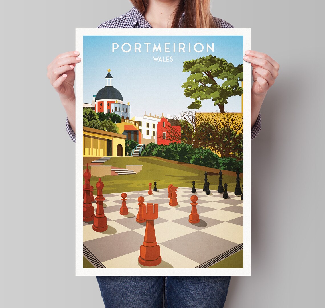 Portmeirion Wales Vintage Travel Poster Giant Chess Set Garden