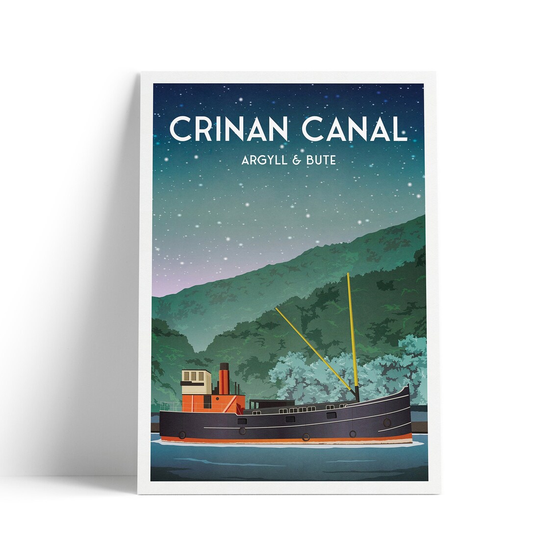 Crinan Canal Steamboat Night Sky Travel Poster Argyll Scotland