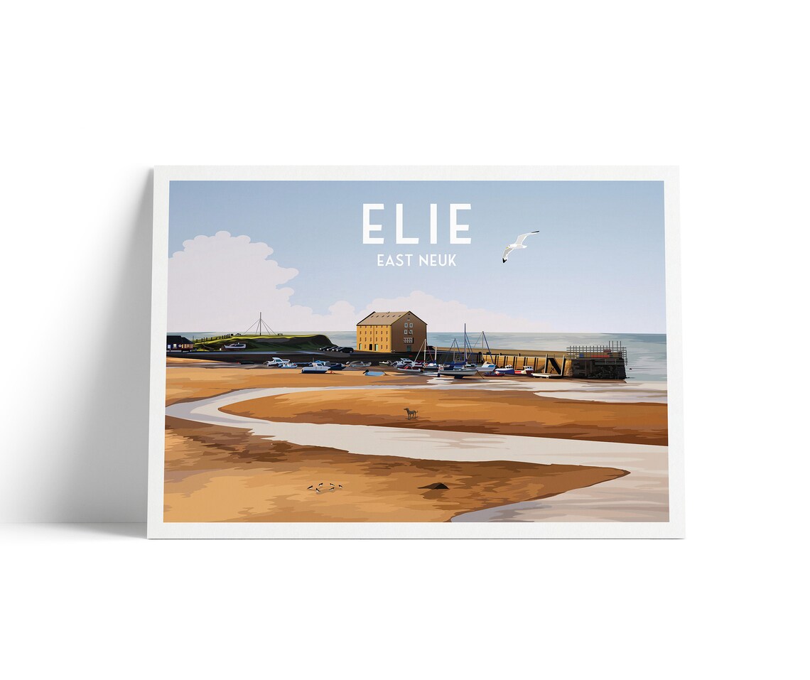 Elie East Neuk Travel Poster Sandy Beach Harbour Boats Scotland Art