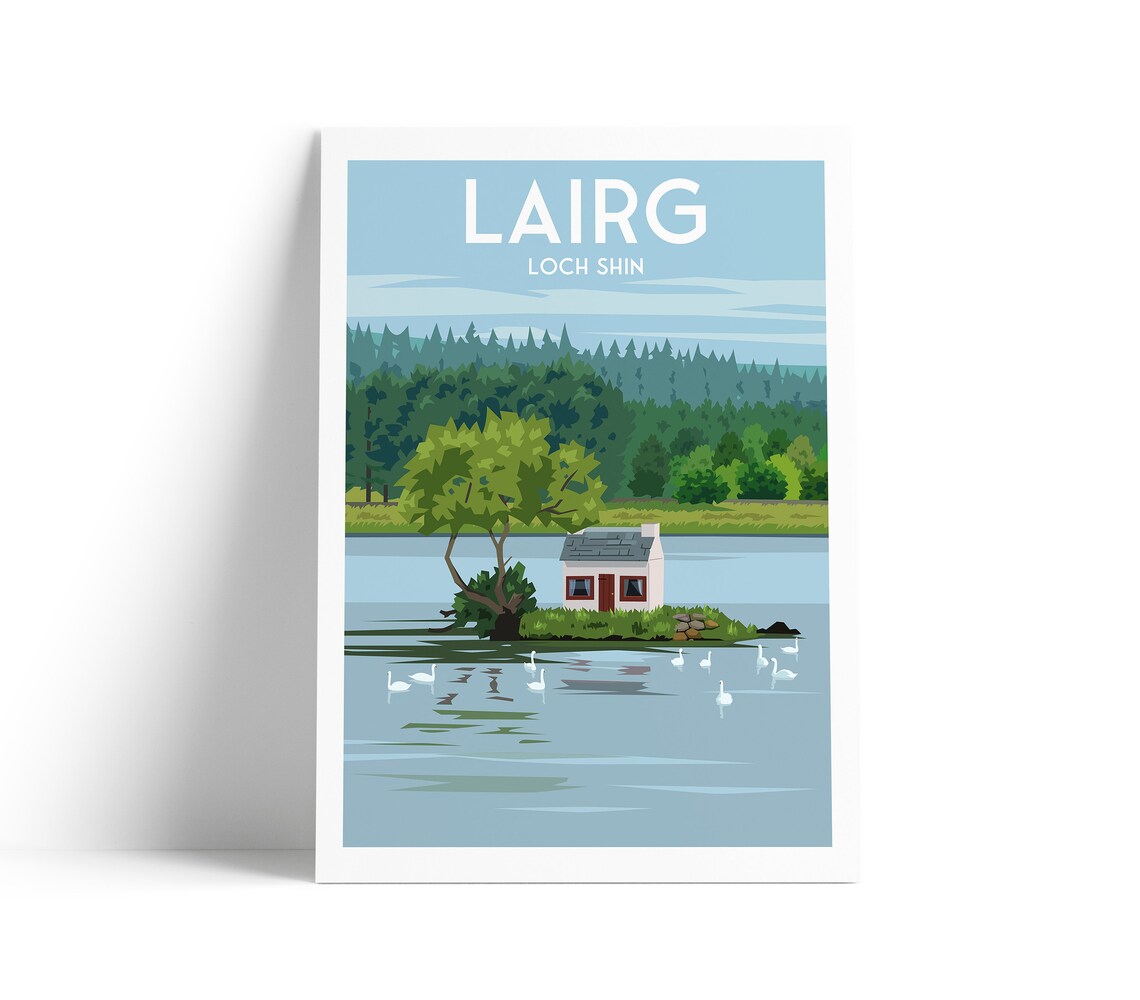 Lairg Loch Shin Island Cottage Swans Retro Scotland Travel Poster